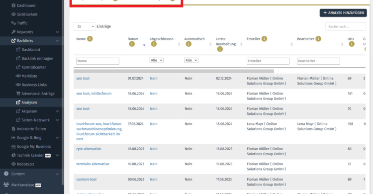 Es stehen monatlich 10 Backlink-Analysen für Keywords und Wettbewerber zur Verfügung