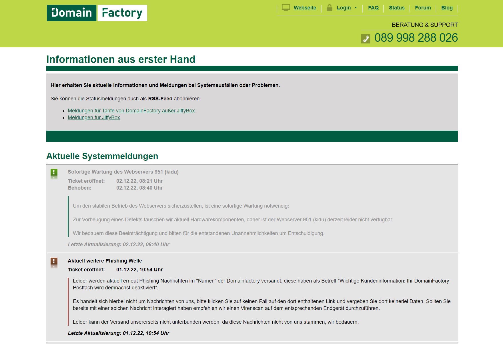 Status-Seite von Domain Factory