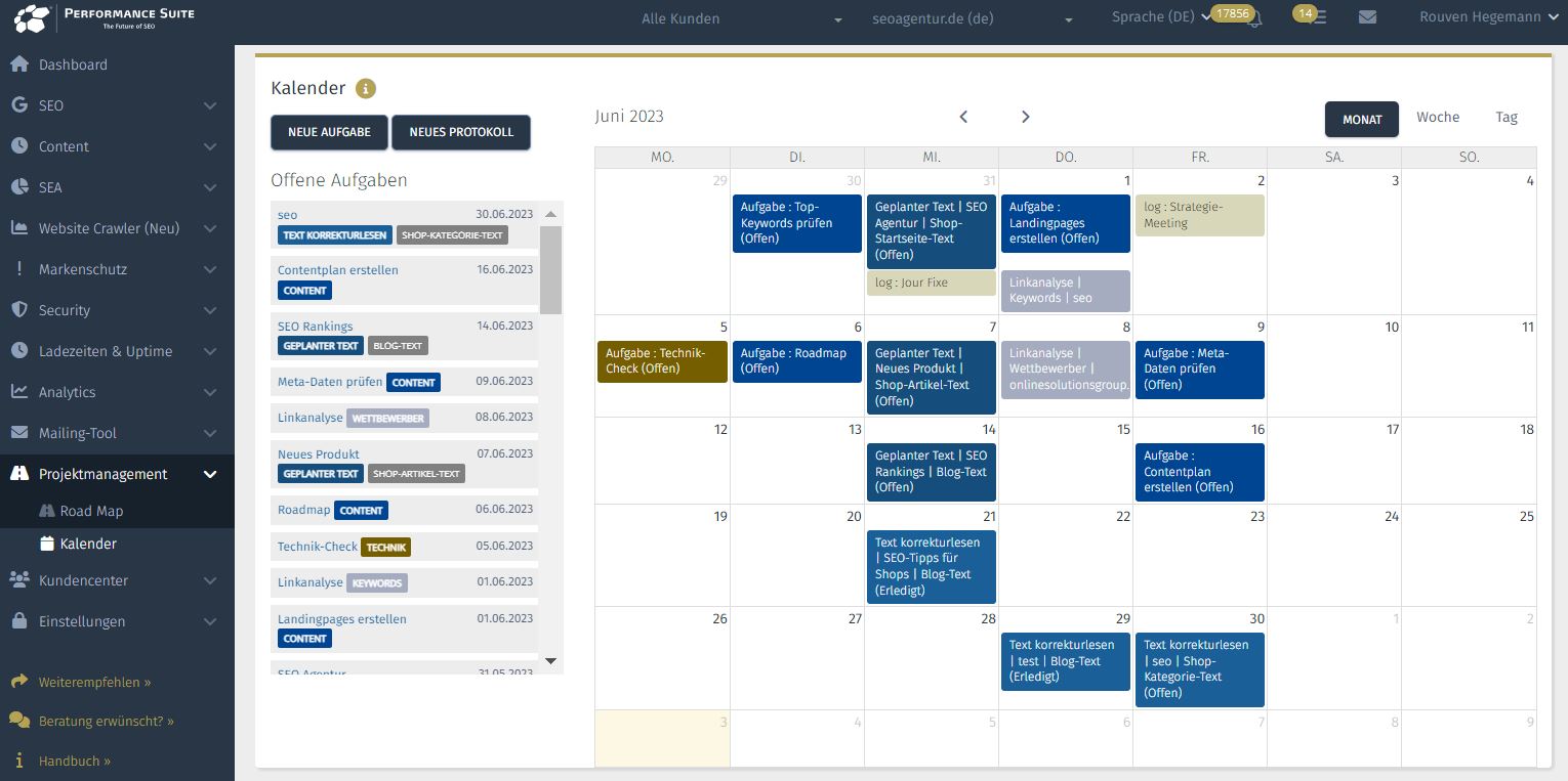 Kalender mit SEO-Aufgaben in der Performance Suite