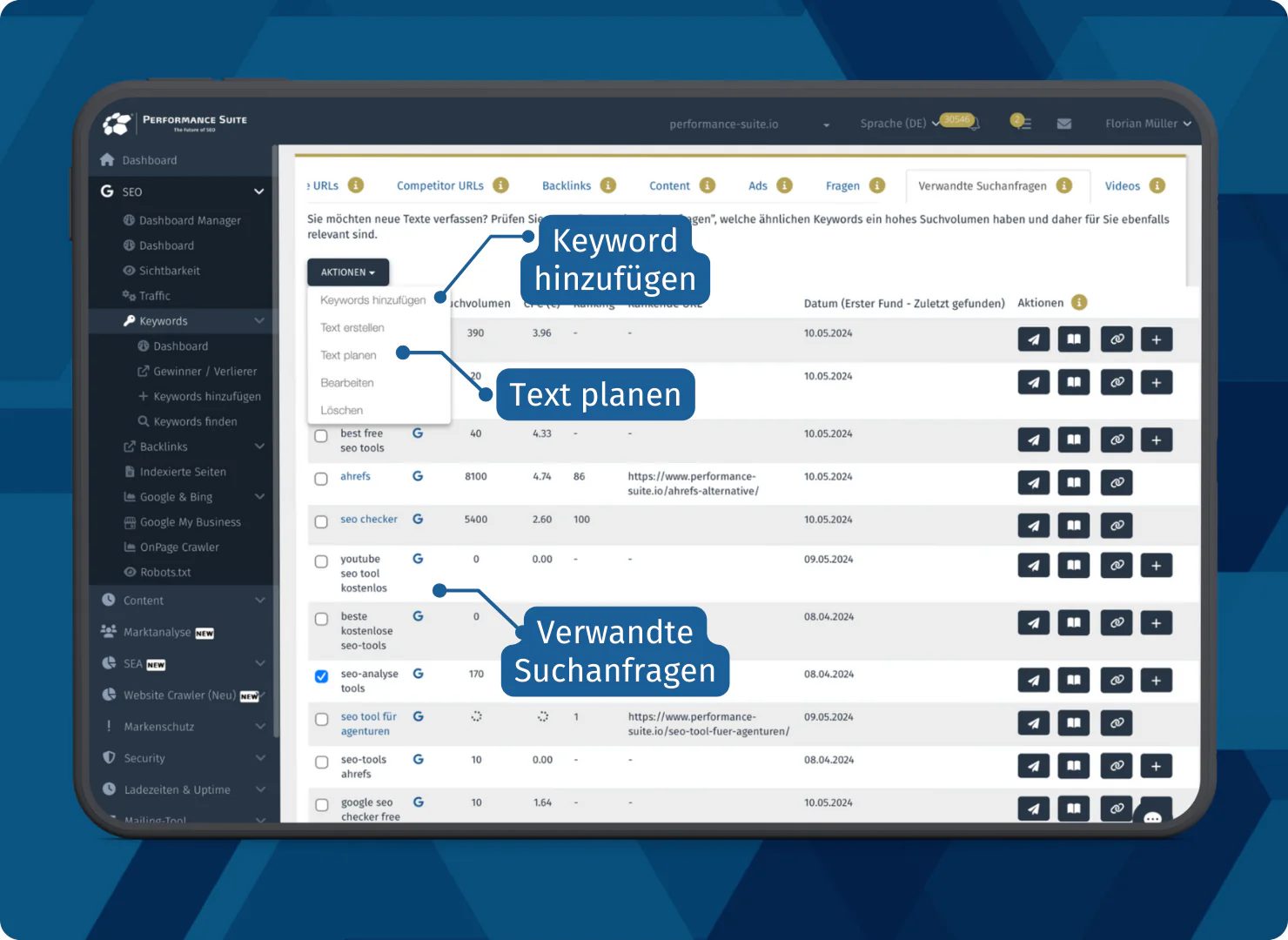 Die Perfomance Suite liefert zu jedem SEO Keyword zusätzliche Insights