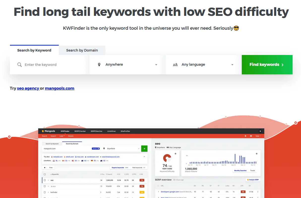 Screenshot vom SEO Keyword Tool von KWFinder Mangools