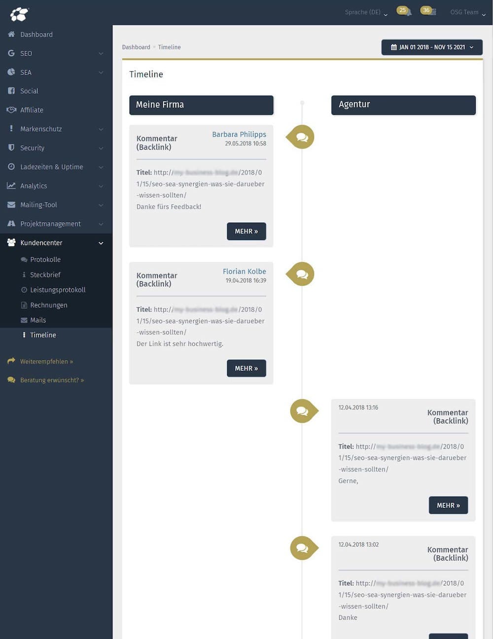 SEO-Tool: Projektmanagement-Kundencenter, Timeline