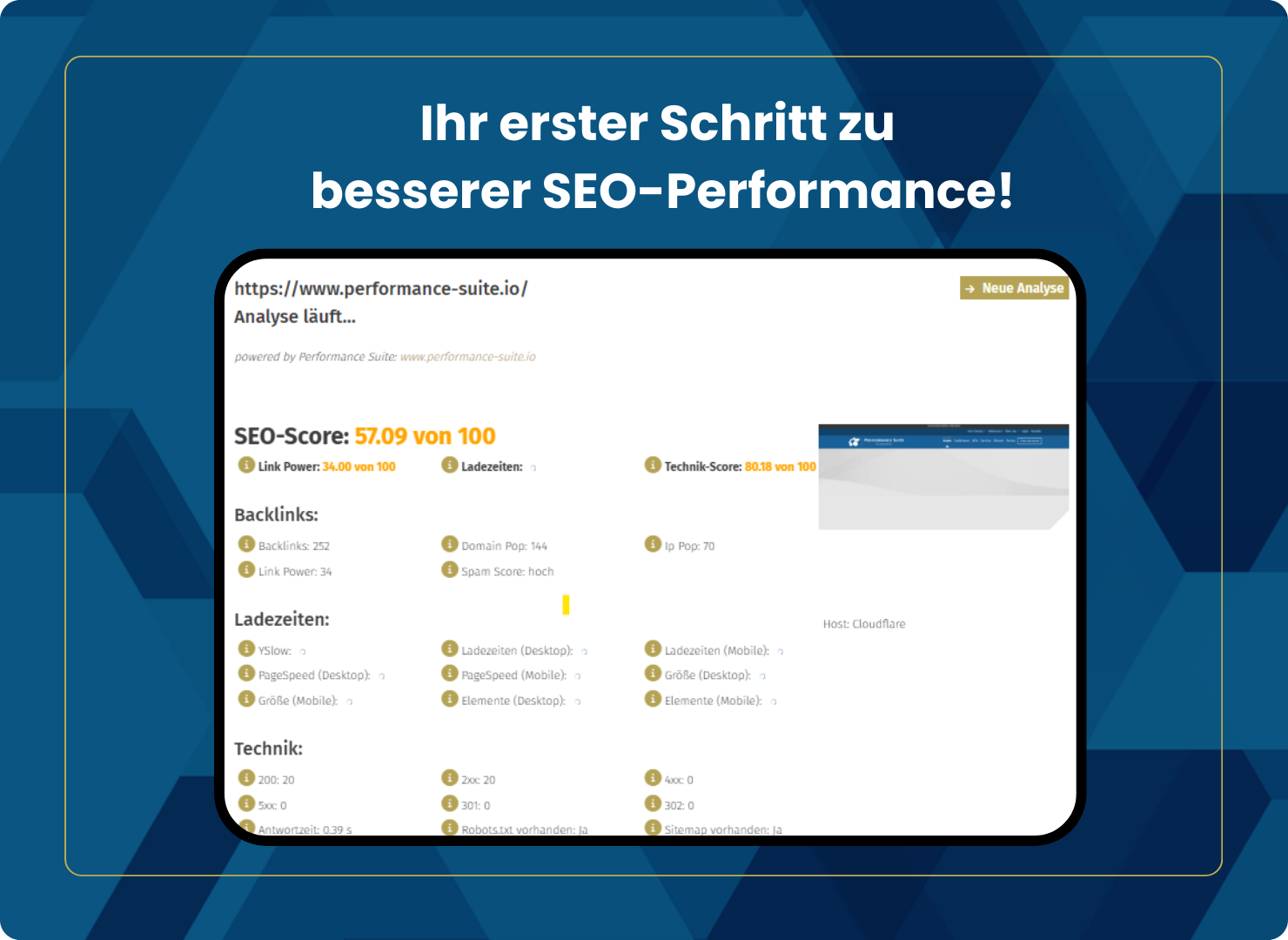 Kostenloser SEO Checker Analyse von Performance Suite.io