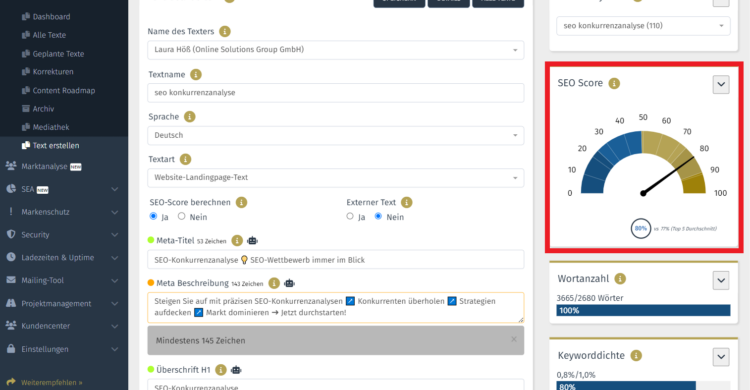 Der SEO-Score zeigt an, wie gut die SEO- und sprachliche Kriterien berücksichtigt werden