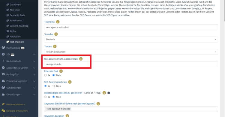 Wenn Fehler beim Textimport auftauchen, kopieren Sie den Content manuell in die Performance Suite und melden Sie sich bei uns